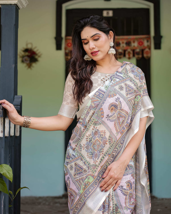Cream & Pastel Multicolour Pure Cotton Linen Saree | Printed with Blouse & Tassel Edges