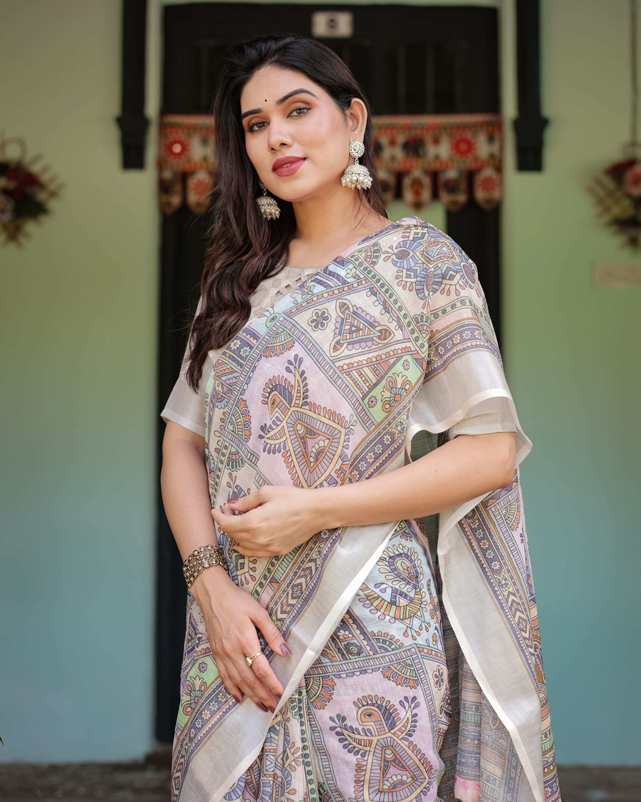 Cream & Pastel Multicolour Pure Cotton Linen Saree | Printed with Blouse & Tassel Edges