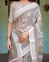 Cream & Pastel Multicolour Pure Cotton Linen Saree | Printed with Blouse & Tassel Edges