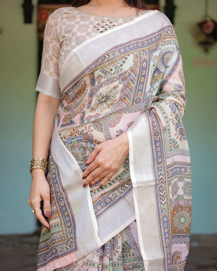 Cream & Pastel Multicolour Pure Cotton Linen Saree | Printed with Blouse & Tassel Edges