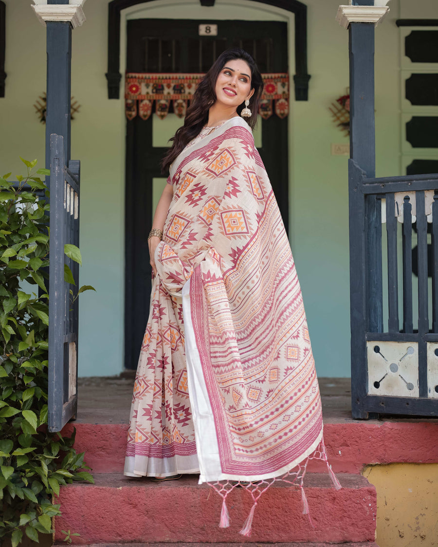 Cream & Maroon Geometric Printed Pure Cotton Linen Saree | Blouse & Tassel Detailing