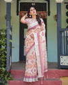 Cream & Maroon Geometric Printed Pure Cotton Linen Saree | Blouse & Tassel Detailing