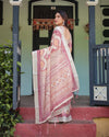 Cream & Maroon Geometric Printed Pure Cotton Linen Saree | Blouse & Tassel Detailing