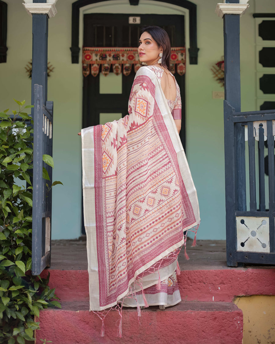 Cream & Maroon Geometric Printed Pure Cotton Linen Saree | Blouse & Tassel Detailing