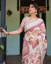 Cream & Maroon Geometric Printed Pure Cotton Linen Saree | Blouse & Tassel Detailing