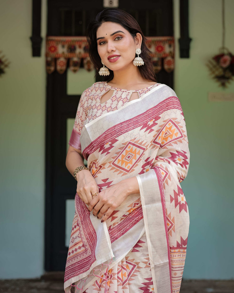 Cream & Maroon Geometric Printed Pure Cotton Linen Saree | Blouse & Tassel Detailing