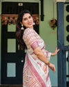 Cream & Maroon Geometric Printed Pure Cotton Linen Saree | Blouse & Tassel Detailing