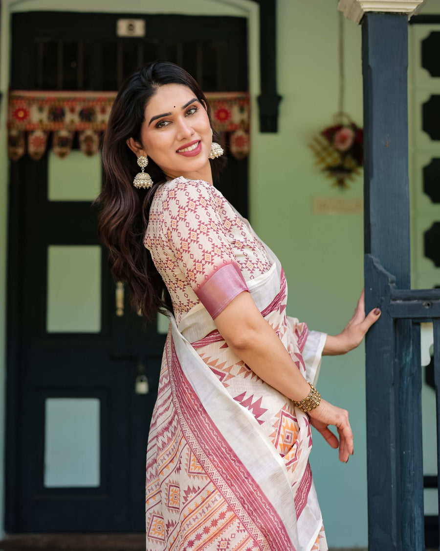 Cream & Maroon Geometric Printed Pure Cotton Linen Saree | Blouse & Tassel Detailing