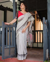 Black & White Geometric Cotton Linen Saree | Red Accents with Blouse & Tassel Detailing