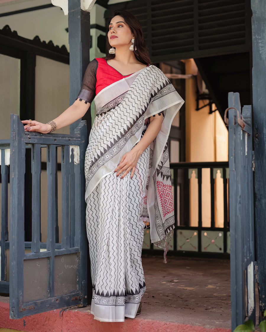 Black & White Geometric Cotton Linen Saree | Red Accents with Blouse & Tassel Detailing