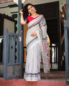 Black & White Geometric Cotton Linen Saree | Red Accents with Blouse & Tassel Detailing