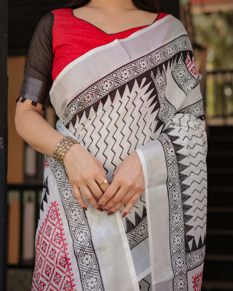 Black & White Geometric Cotton Linen Saree | Red Accents with Blouse & Tassel Detailing