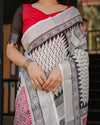 Black and White Geometric Pattern Pure Cotton Linen Saree with Red Accents, Blouse, and Tassel Details