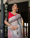 Black & White Geometric Cotton Linen Saree | Red Accents with Blouse & Tassel Detailing
