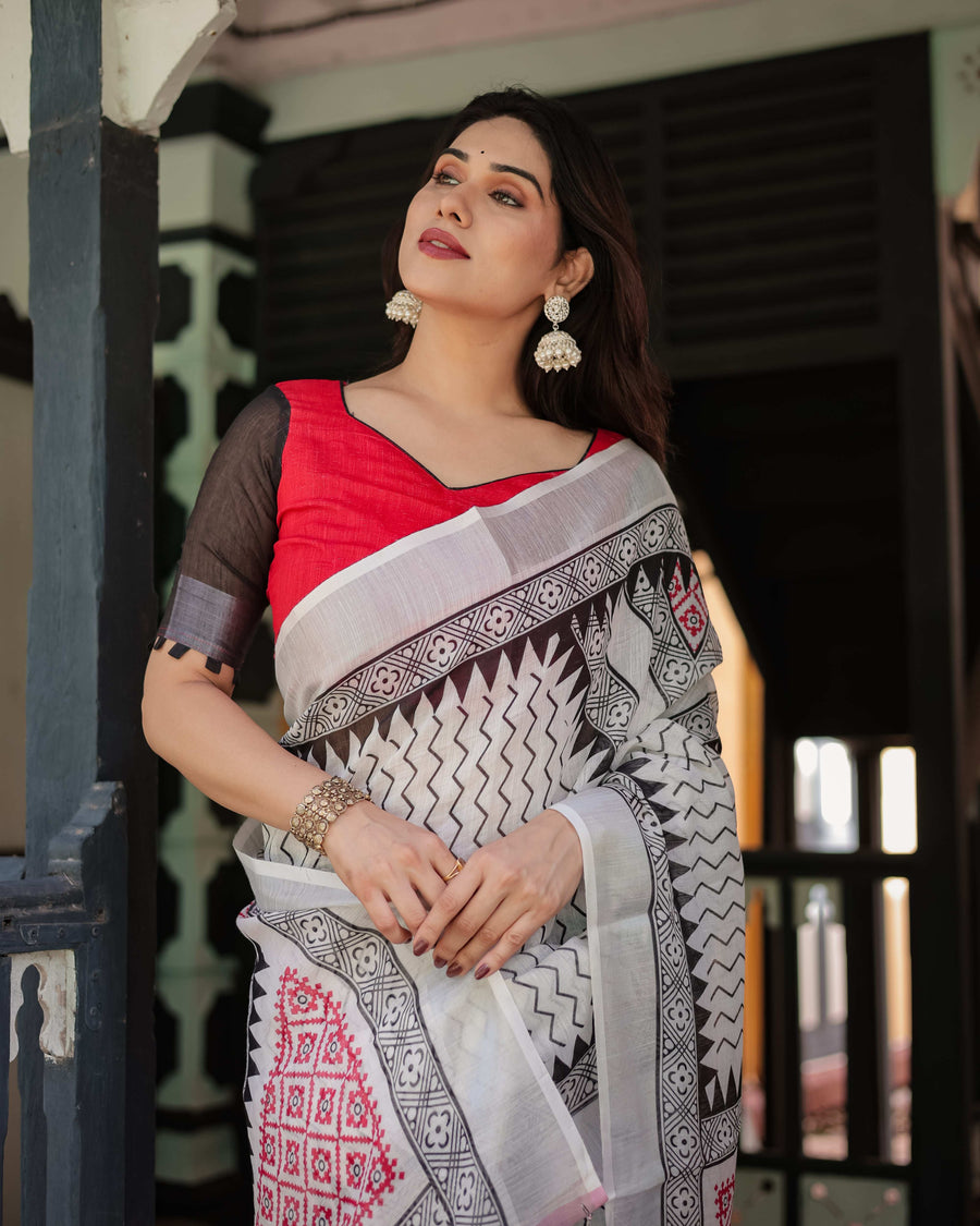 Black & White Geometric Cotton Linen Saree | Red Accents with Blouse & Tassel Detailing