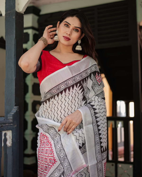 Black & White Geometric Cotton Linen Saree | Red Accents with Blouse & Tassel Detailing