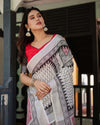 Black & White Geometric Cotton Linen Saree | Red Accents with Blouse & Tassel Detailing