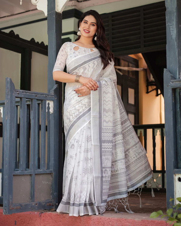 Grey & White Pure Cotton Linen Saree | Intricate Pattern with Blouse & Tassel Detailing