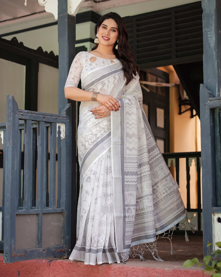 Grey & White Pure Cotton Linen Saree | Intricate Pattern with Blouse & Tassel Detailing