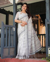 Pure Cotton Linen Saree with Intricate Grey and White Pattern, Complete with Blouse and Tassels