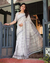 Grey & White Pure Cotton Linen Saree | Intricate Pattern with Blouse & Tassel Detailing