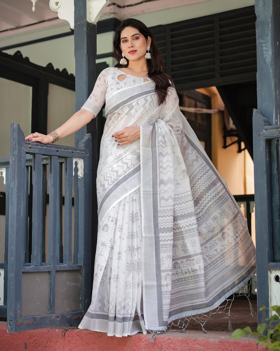Pure Cotton Linen Saree with Intricate Grey and White Pattern, Complete with Blouse and Tassels