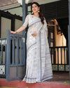Pure Cotton Linen Saree with Intricate Grey and White Pattern, Complete with Blouse and Tassels