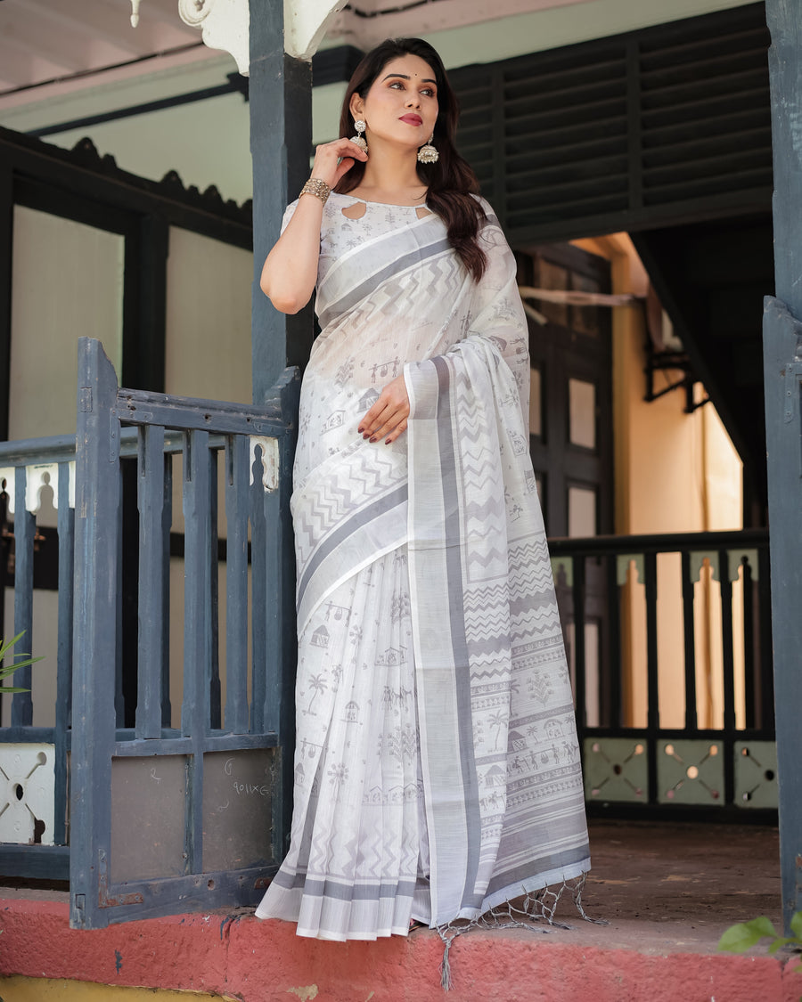Pure Cotton Linen Saree with Intricate Grey and White Pattern, Complete with Blouse and Tassels