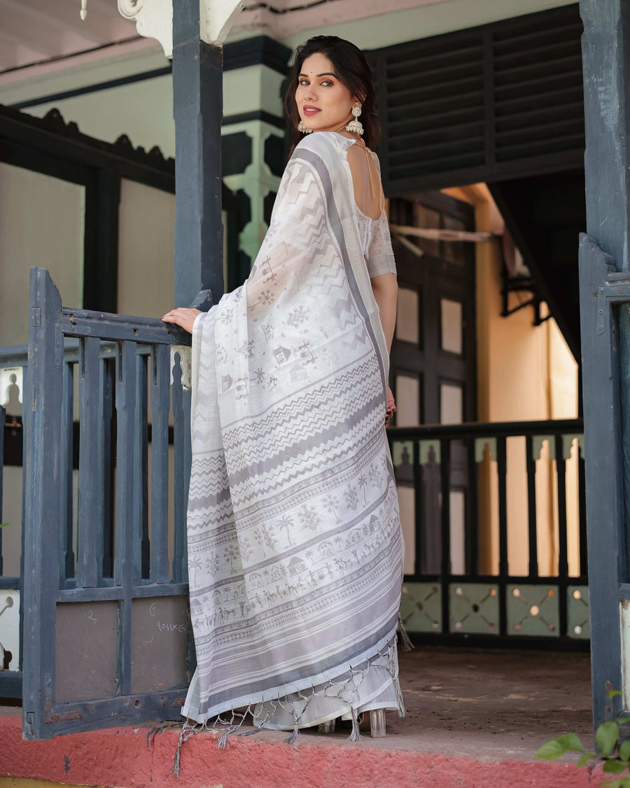 Grey & White Pure Cotton Linen Saree | Intricate Pattern with Blouse & Tassel Detailing