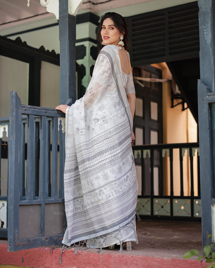 Pure Cotton Linen Saree with Intricate Grey and White Pattern, Complete with Blouse and Tassels