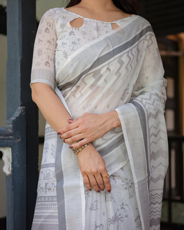 Pure Cotton Linen Saree with Intricate Grey and White Pattern, Complete with Blouse and Tassels