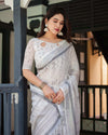 Grey & White Pure Cotton Linen Saree | Intricate Pattern with Blouse & Tassel Detailing