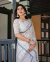 Grey & White Pure Cotton Linen Saree | Intricate Pattern with Blouse & Tassel Detailing