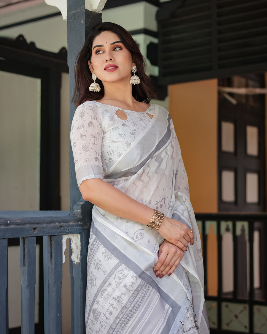 Pure Cotton Linen Saree with Intricate Grey and White Pattern, Complete with Blouse and Tassels
