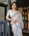 Grey & White Pure Cotton Linen Saree | Intricate Pattern with Blouse & Tassel Detailing