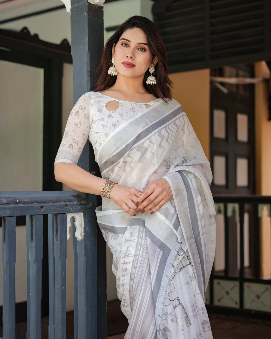 Grey & White Pure Cotton Linen Saree | Intricate Pattern with Blouse & Tassel Detailing