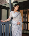 Grey & White Pure Cotton Linen Saree | Intricate Pattern with Blouse & Tassel Detailing