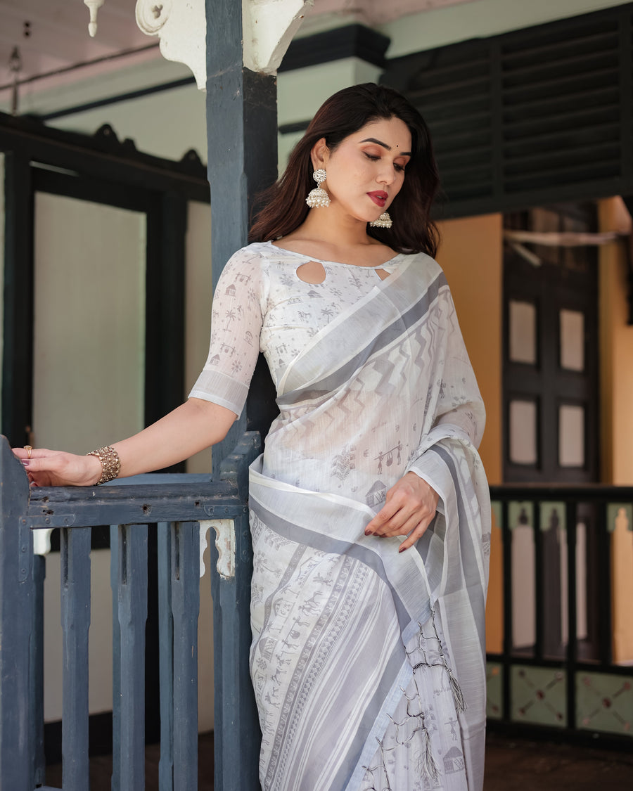 Pure Cotton Linen Saree with Intricate Grey and White Pattern, Complete with Blouse and Tassels
