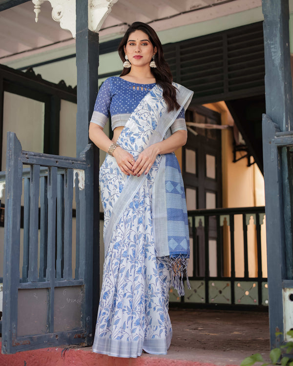 Blue & White Floral Pure Cotton Linen Saree | Matching Blouse & Tassel Detailing