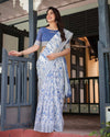 Blue & White Floral Pure Cotton Linen Saree | Matching Blouse & Tassel Detailing
