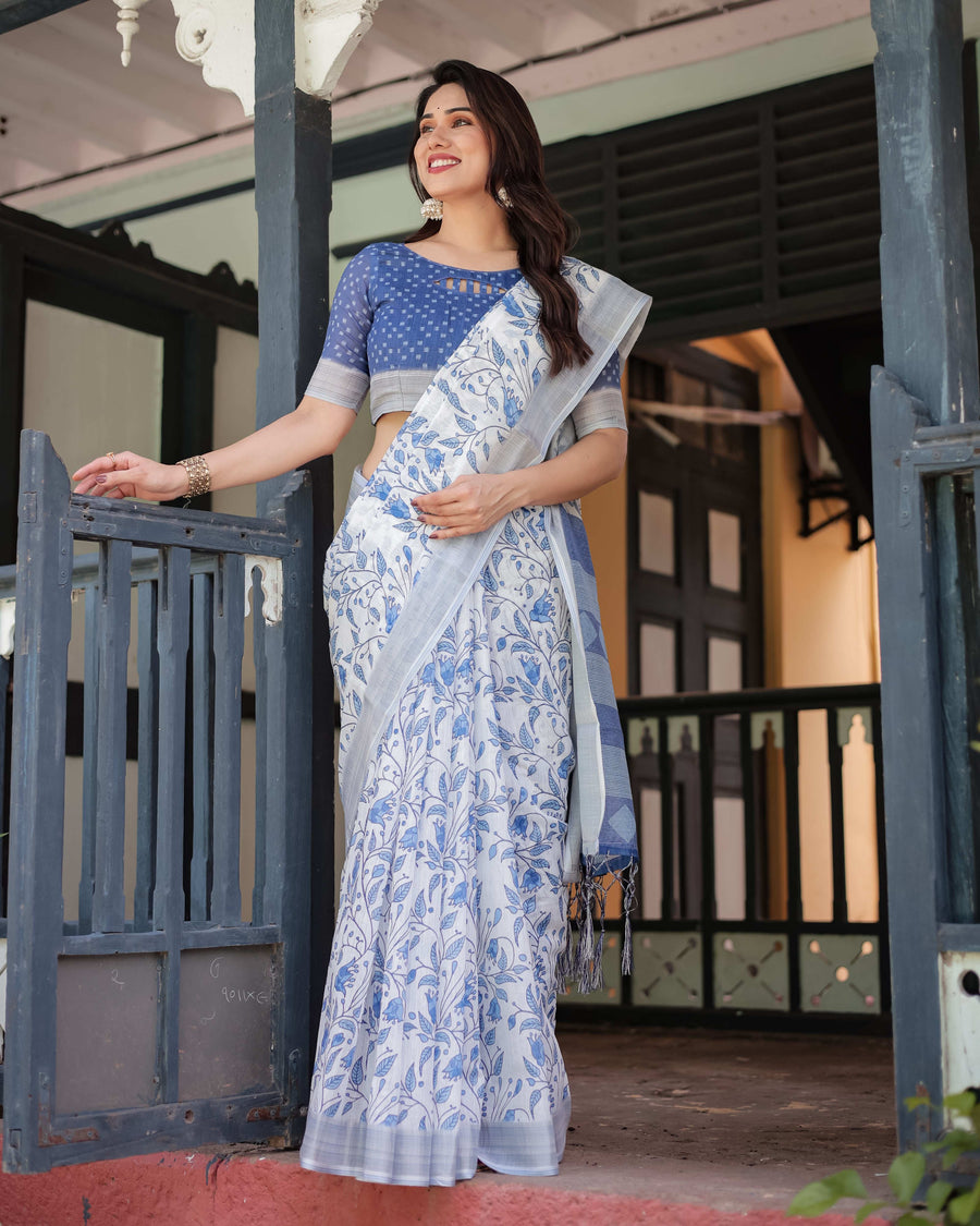 Blue & White Floral Pure Cotton Linen Saree | Matching Blouse & Tassel Detailing