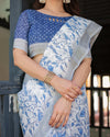 Blue & White Floral Pure Cotton Linen Saree | Matching Blouse & Tassel Detailing