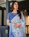 Blue & White Floral Pure Cotton Linen Saree | Matching Blouse & Tassel Detailing