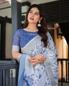 Blue & White Floral Pure Cotton Linen Saree | Matching Blouse & Tassel Detailing