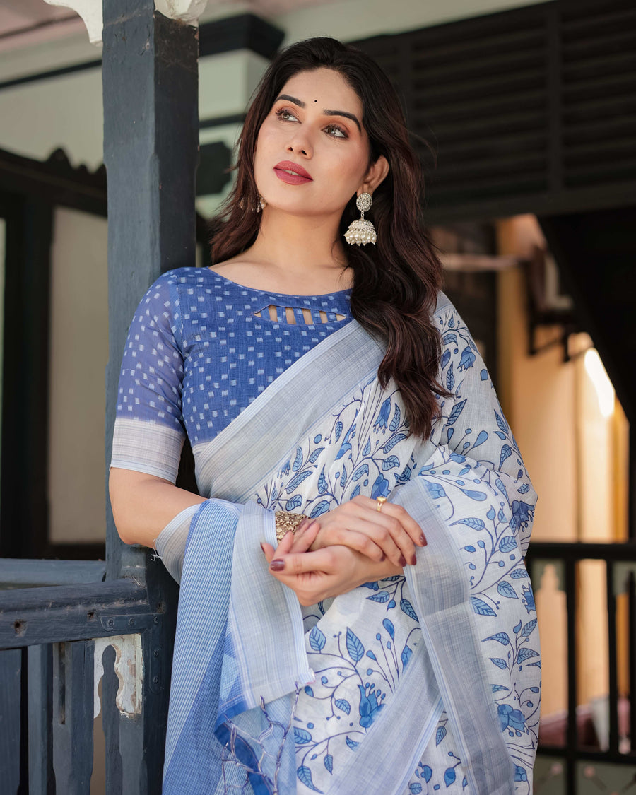 Blue & White Floral Pure Cotton Linen Saree | Matching Blouse & Tassel Detailing