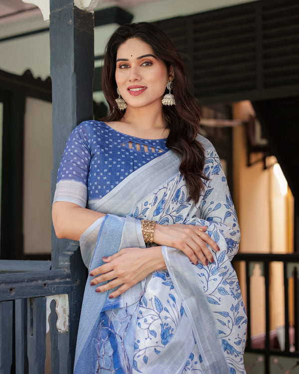 Blue & White Floral Pure Cotton Linen Saree | Matching Blouse & Tassel Detailing
