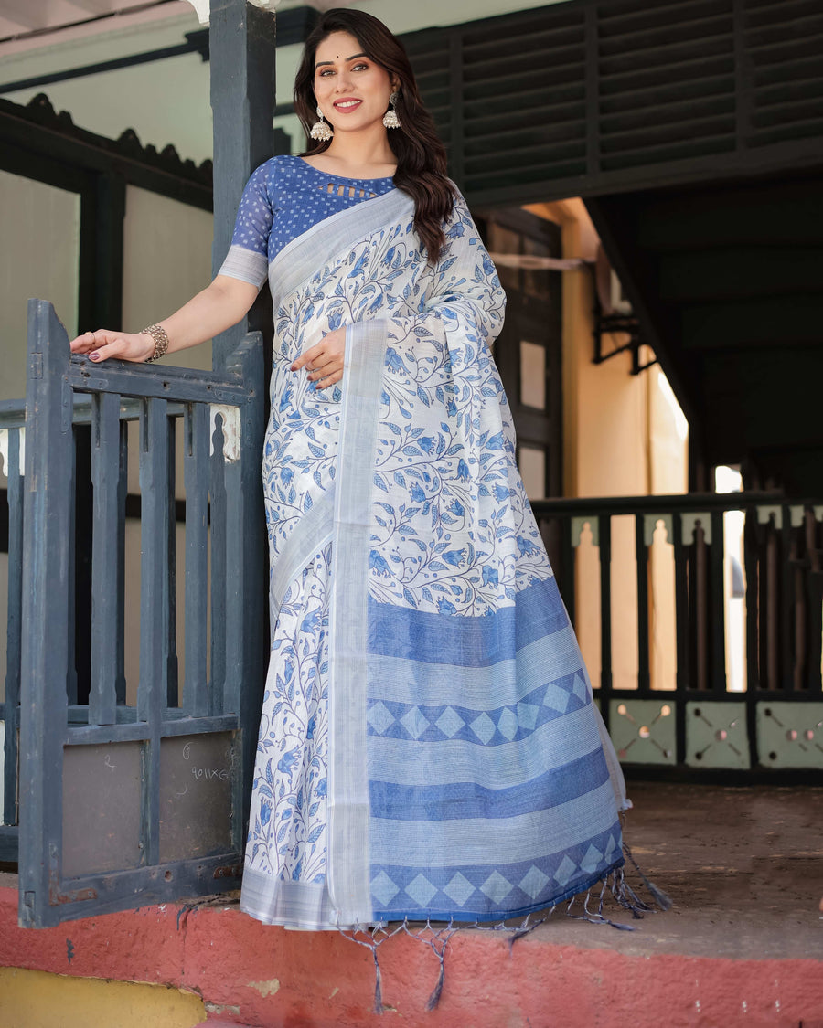 Blue & White Floral Pure Cotton Linen Saree | Matching Blouse & Tassel Detailing