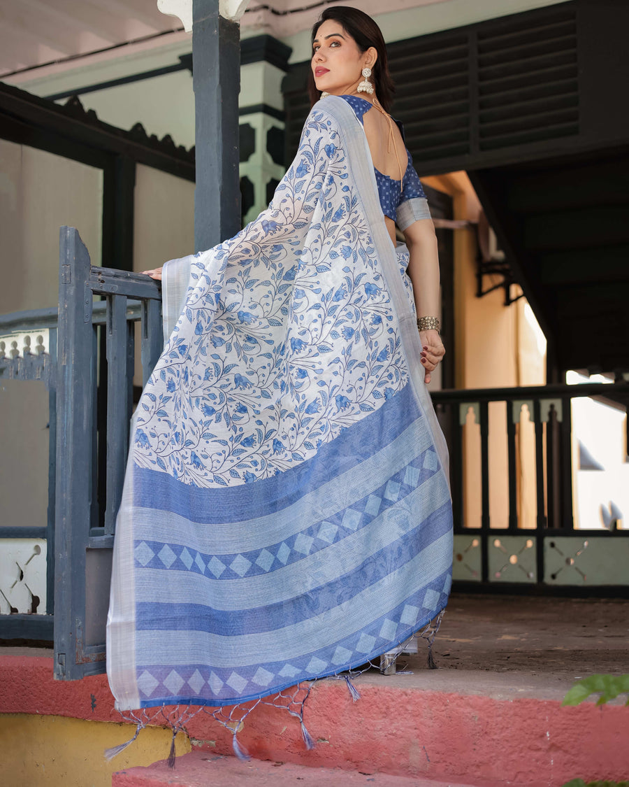 Blue & White Floral Pure Cotton Linen Saree | Matching Blouse & Tassel Detailing