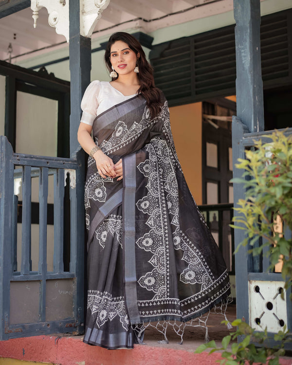 Black & White Pure Cotton Linen Saree | Intricate Floral Design with Blouse & Tassel Edges