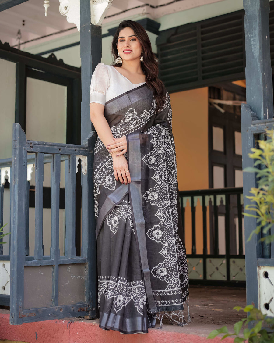 Black & White Pure Cotton Linen Saree | Intricate Floral Design with Blouse & Tassel Edges